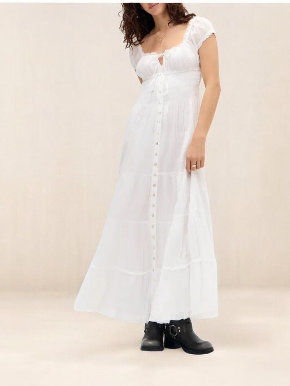 261.Kimchi Blue NWOT White Cotton Smocked Maxi Dress with Puff Sleeves - Picture 2 of 7